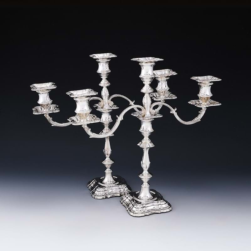 A pair of silver three light candelabra, Roberts & Belks Ltd., Sheffield 1979